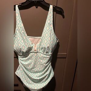 Shade & Shore Crepe Turquoise and Cream U Wire One Piece Swimsuit NEW X LARGE